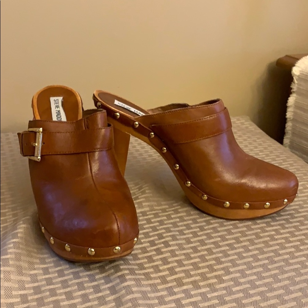 Camel colored high heel clogs